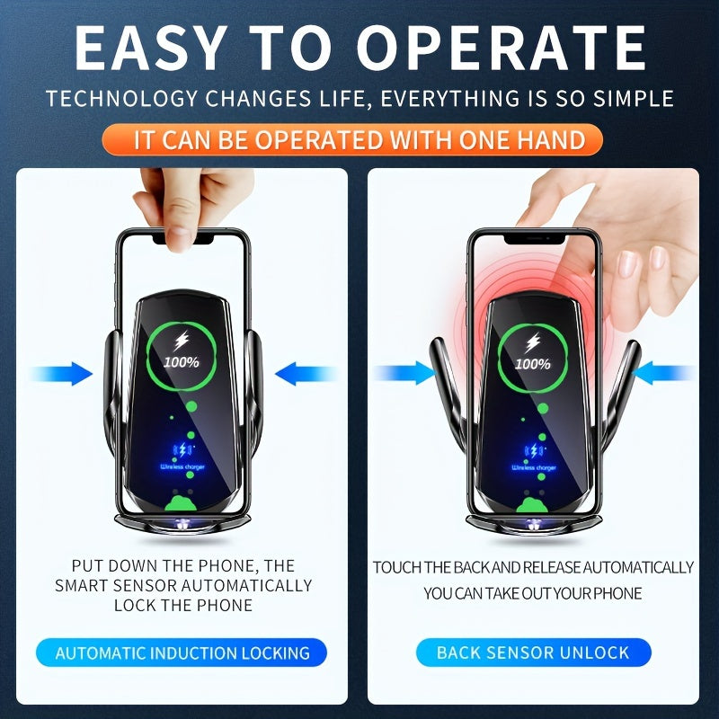 Alynic brand car wireless charger with magnetic auto car mount phone holder for fast charging iPhone and Samsung devices.