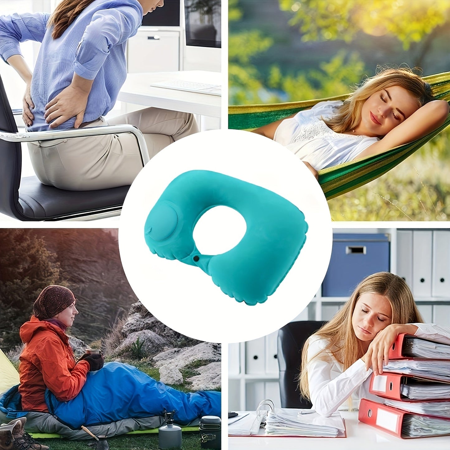 Modern style portable inflatable U-shaped neck pillow that provides automatic cervical support. It is lightweight with a velvet cover and adjustable closure, perfect for use at home, in the office, or in the car. This pillow must be hand washed for