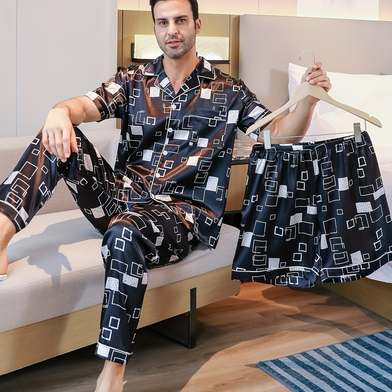 Men's summer sleepwear set with short sleeves, shorts, long pants, geometric print, and collared cardigan.