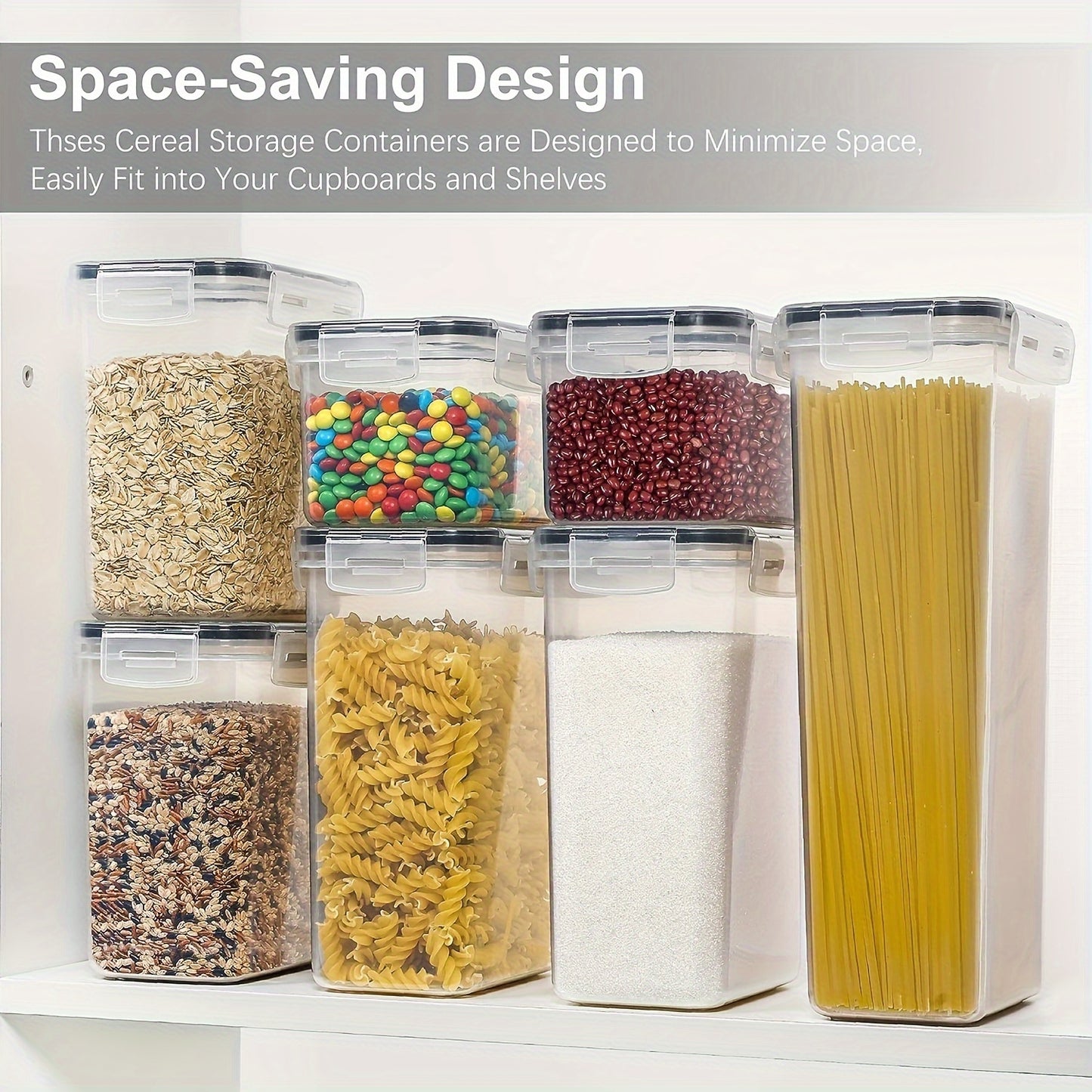 7 piece BPA-free food storage container set made of PP material, perfect for storing spaghetti, pasta, cereals, flour, and sugar. Includes lids, 24 labels, and marker for pantry