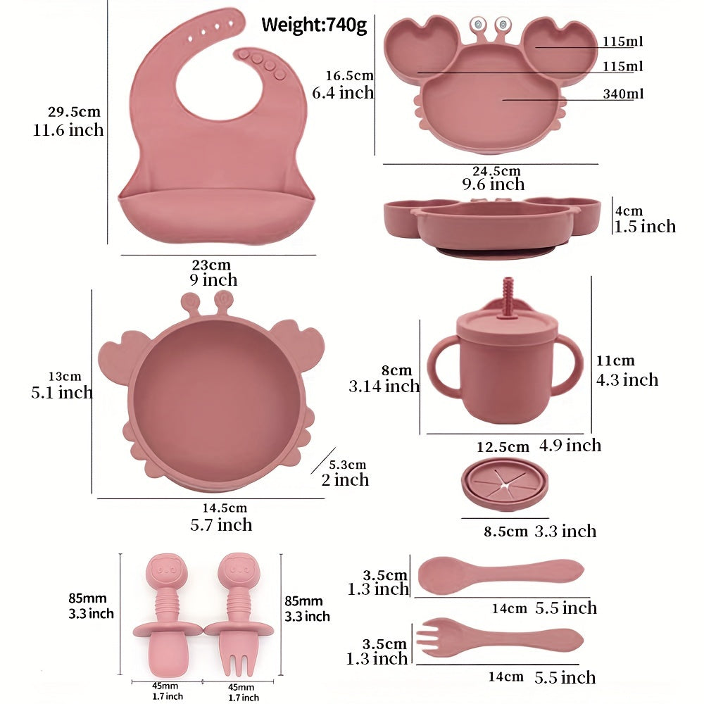 Set of 9 pieces of Silicone Feeding Essentials for Babies and Toddlers, featuring Silicone Bib, Suction Plate, Suction Bowl, Suction Straw Cup/Snack Cup, Spoon and Fork, Licking Spoon and Fork, all made of Food Grade Silicone in adorable shapes, offering