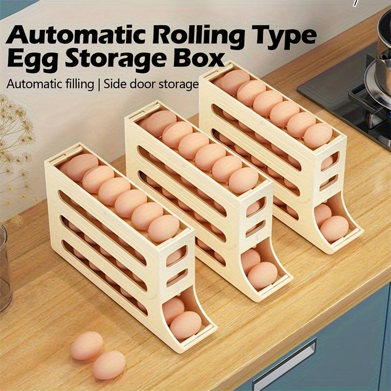 Refrigerator egg storage box with automatic rolling rack and large capacity for eggs, made of ABS material.