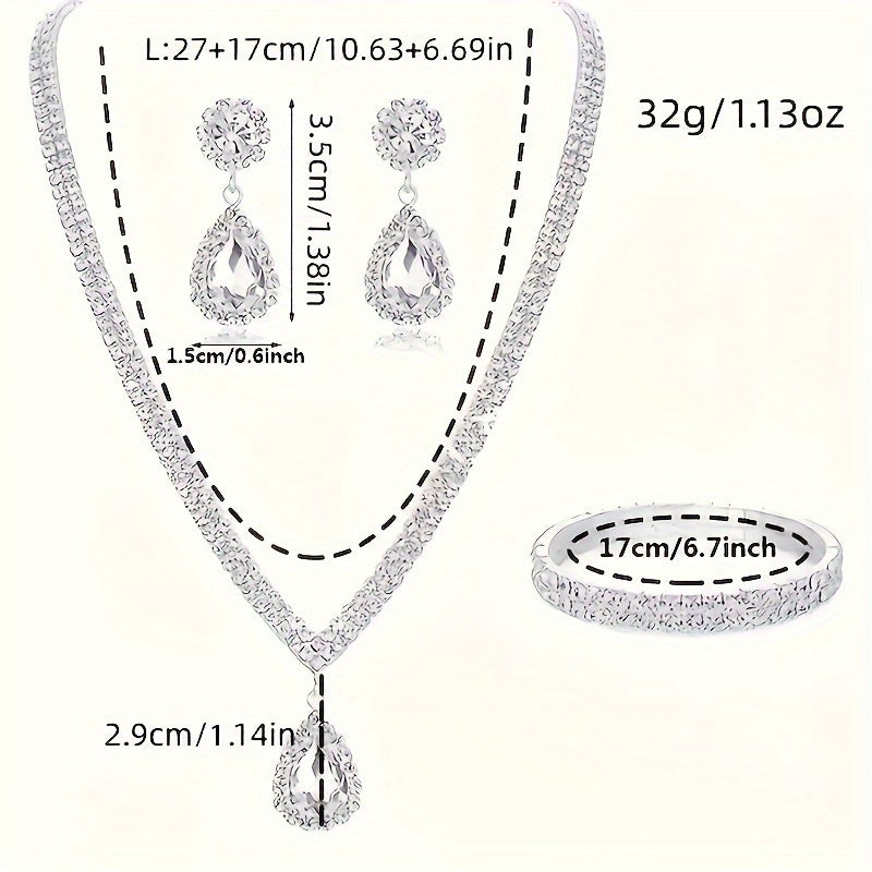 Exquisite Silver Plated Copper Jewelry Ensemble adorned with Sparkling Rhinestones - Stunning Teardrop Earrings, Necklace, and Bracelet Trio - Sophisticated Accessories for Brides & Special Occasions, Ideal Gift for Women during Christmas and Year-Round