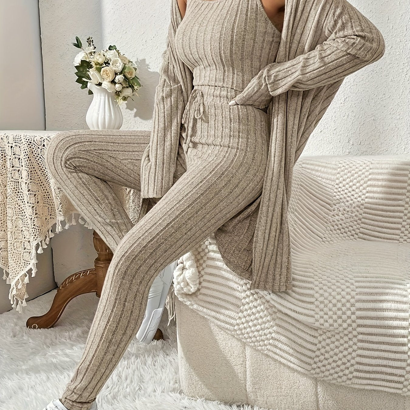 Fall and winter casual loungewear set for women, including a cardigan, camisole, and pants.