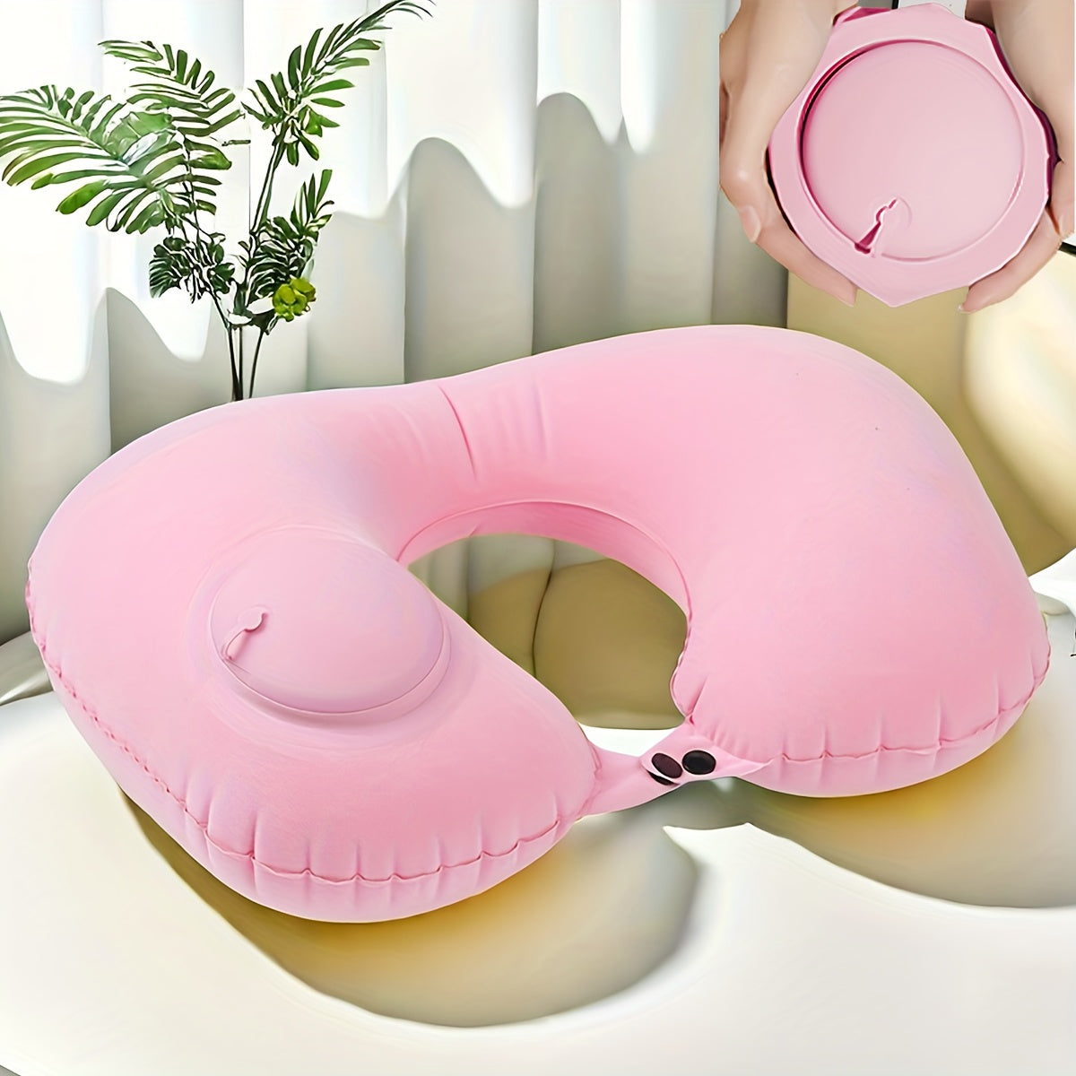 Travel comfortably with the press-type inflatable neck pillow, perfect for office, airplane, and train travel.