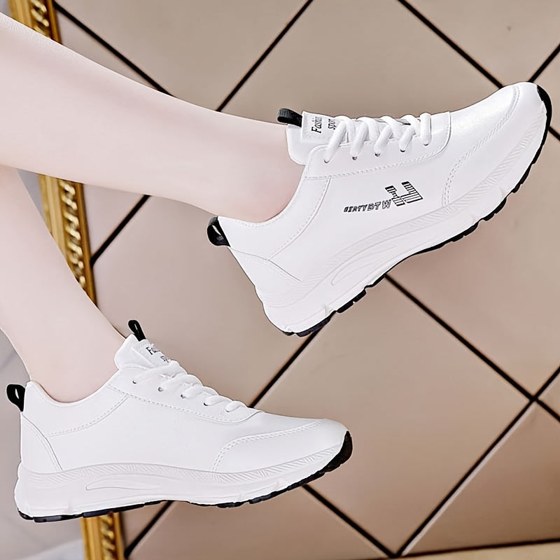 Women's White Lightweight Chunky Sneakers with Soft Rubber Sole, Lace-Up Low Top, Perfect for All Seasons, Casual Dad Shoes.