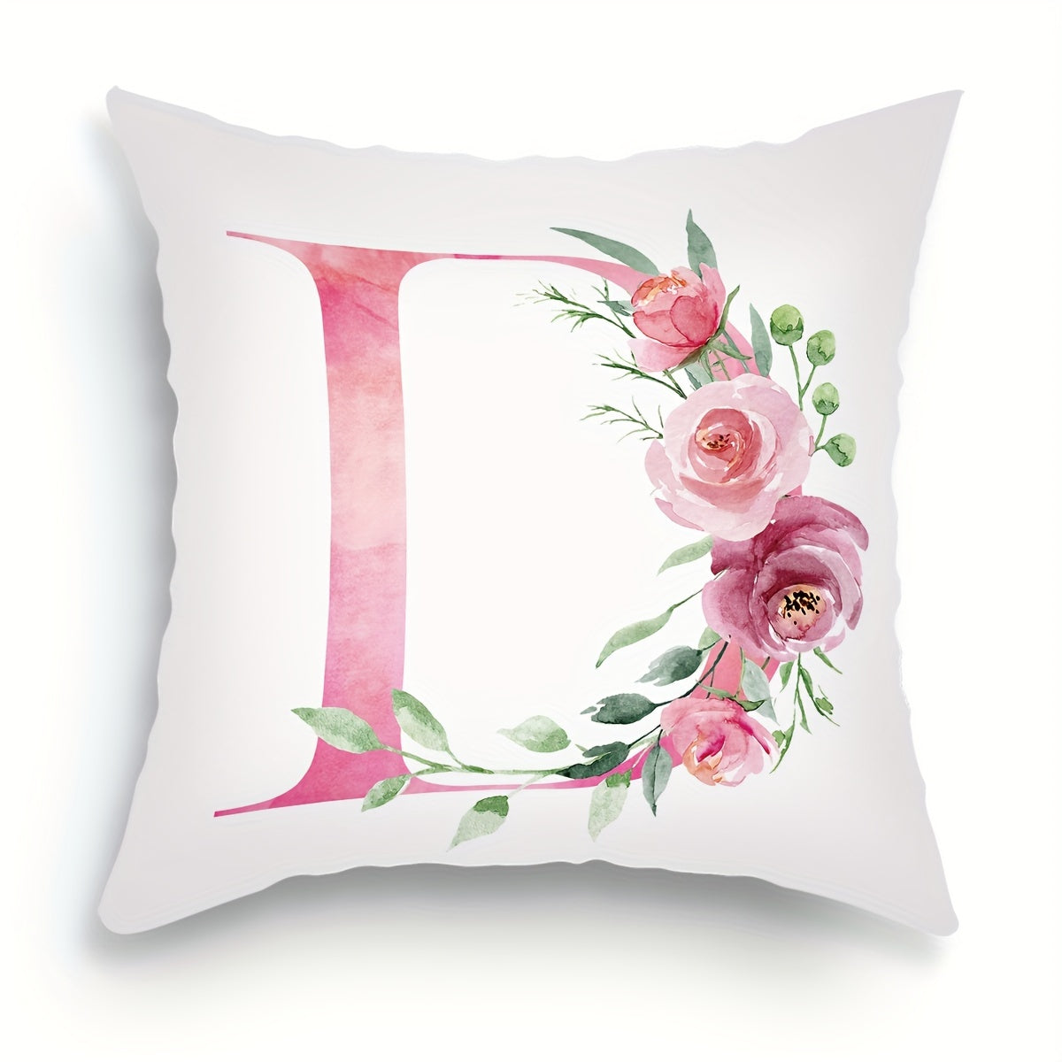 18x18 inch Alphabet Floral Pillow Cover featuring A to Z English Letters in pink print. Ideal for adding a contemporary touch to sofa, living room, or bedroom decor. Single-sided printing, insert not included.