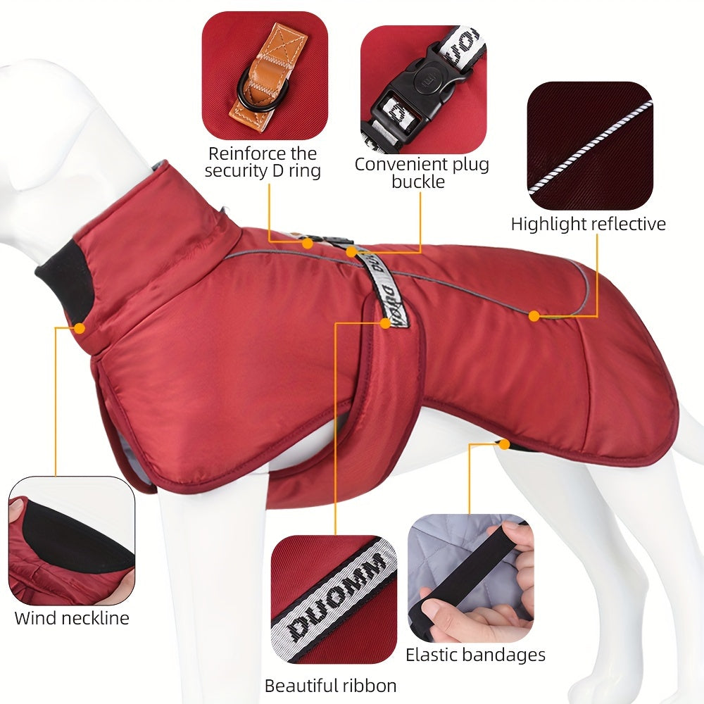 Waterproof and windproof jacket with cozy fleece lining for dogs of all sizes.