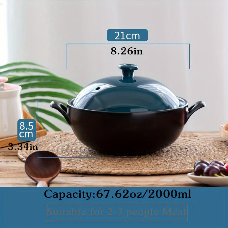 Blue Lid Ceramic Casserole Dish with 2000ml/67.62oz Capacity - Perfect for High-Temperature Cooking on Gas and Open Flame, Ideal for Stir-fry, Rice, Coal Gas, and Small Rice Pot