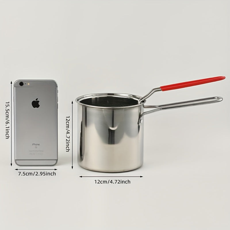 1.2L stainless-steel deep fryer pot with strainer basket and long handle.