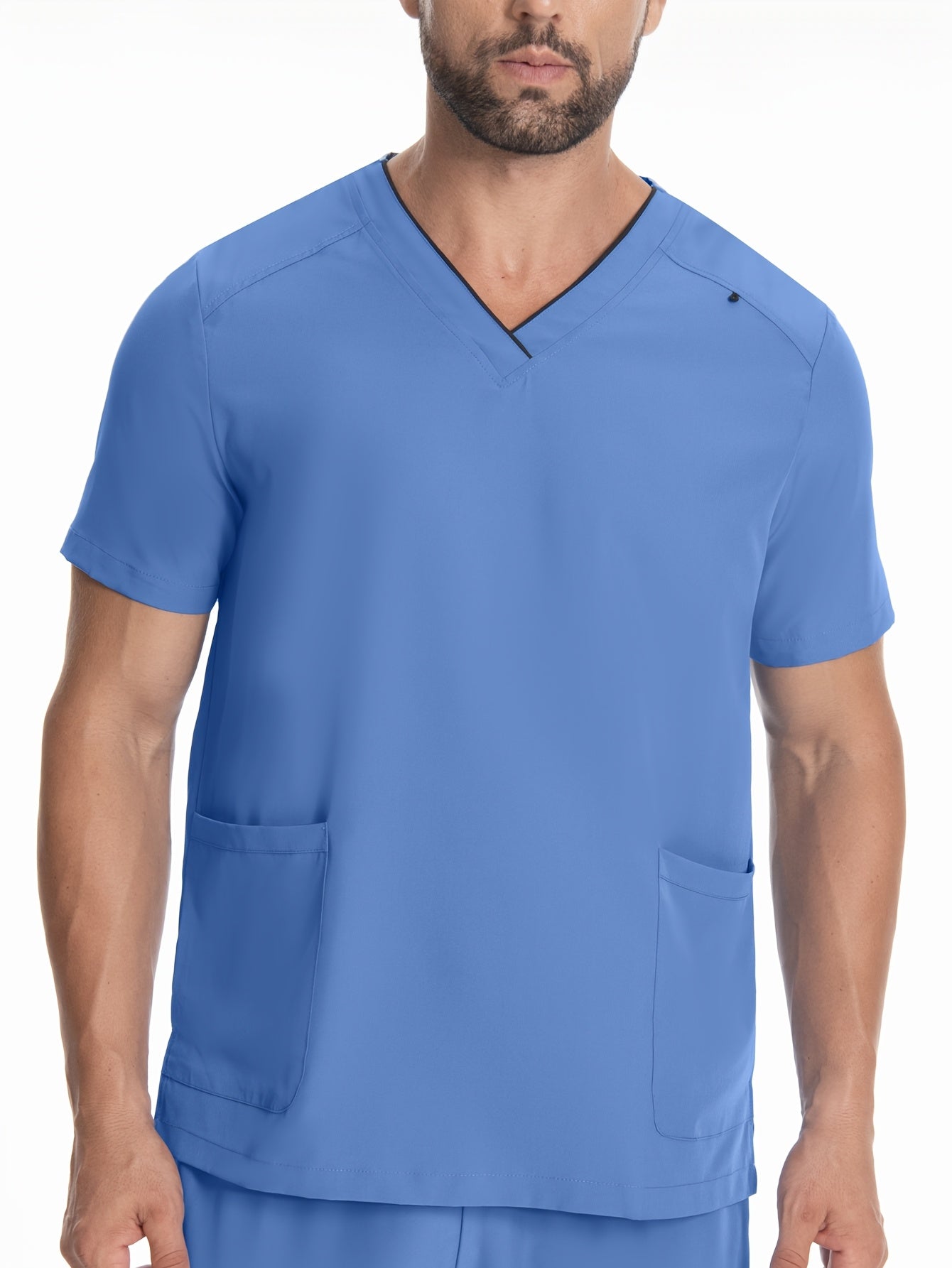 Men's Short Sleeve V-Neck Scrubs with Pockets, Polyester Lab Coat, Breathable with Slight Stretch, Regular Fit, Ideal for Pet Grooming and Medical Uniforms in Spring/Summer/Fall.