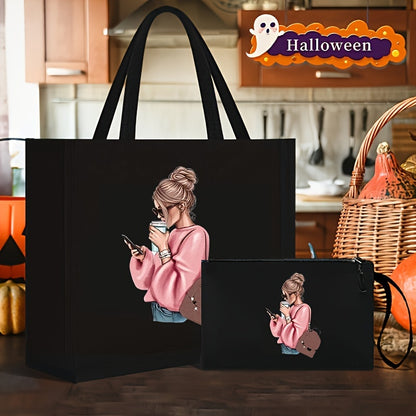 Women's tote bag set with coin purse, featuring cute girl print on black faux leather. Magnetic closure with fixed straps and faux leather lining.