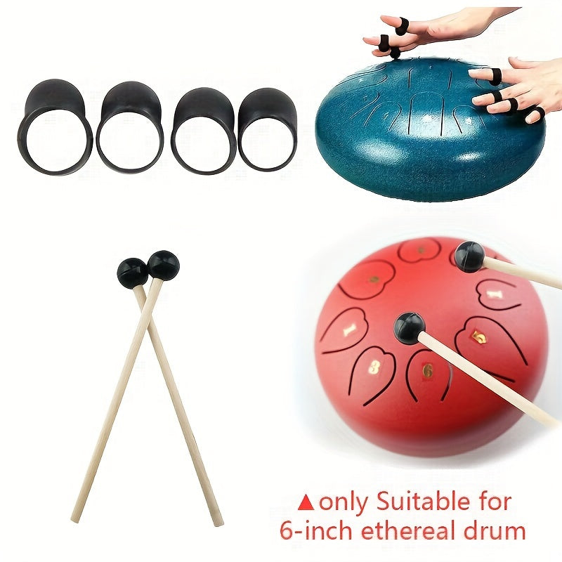 Ethereal drum accessory set includes 6-inch drum, 1 pair of Birchwood drumsticks, 4 finger covers, Lotus Steel Tongue Drum Mallets, and soft rubber head drumsticks.