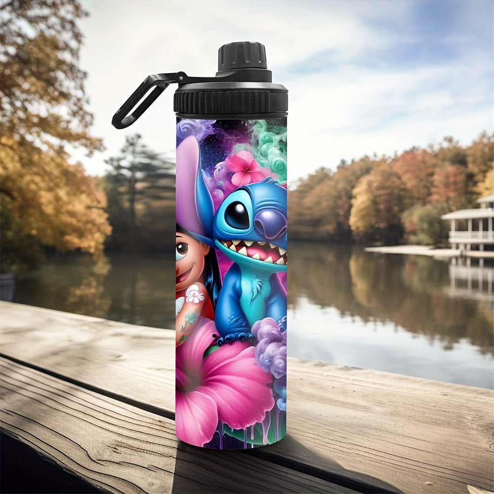 20oz stainless steel water bottle with Stitch and Lilo design, lockable lid, BPS-free, ideal for hot & cold beverages, perfect for outdoor travel, reusable & durable - great Christmas and birthday gift option.