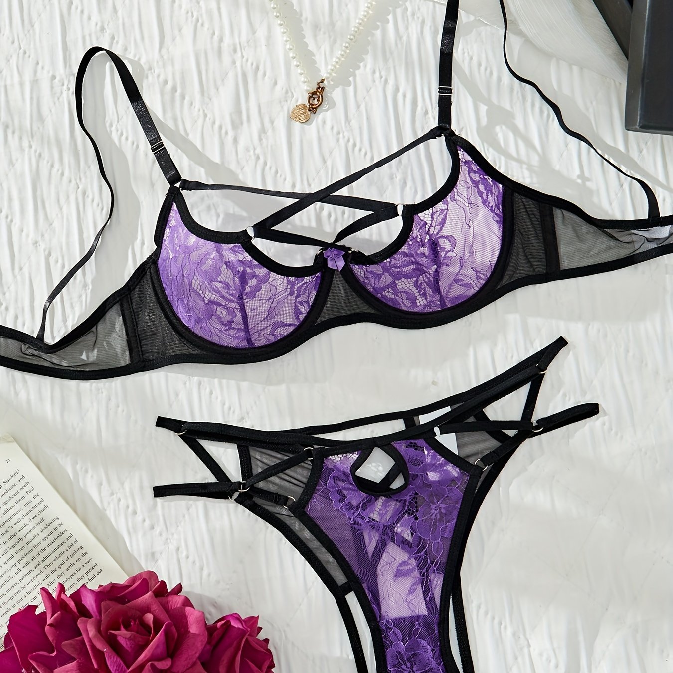 Colorblock floral lace lingerie set with cut out details and bow criss cross design for women.