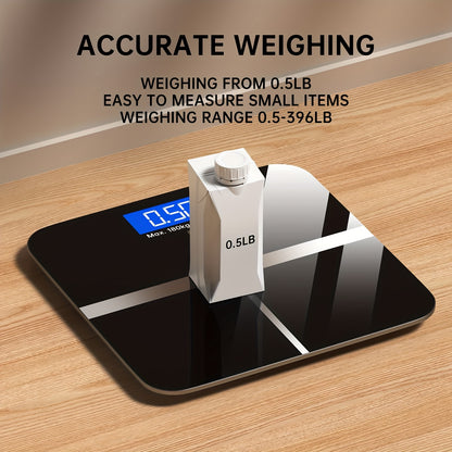 HD Digital Weight Scale with 179.62KG capacity and LED display. Includes non-rechargeable AAA battery and switchable KG/Pound feature. Plastic construction with ultra-wide platform. Battery