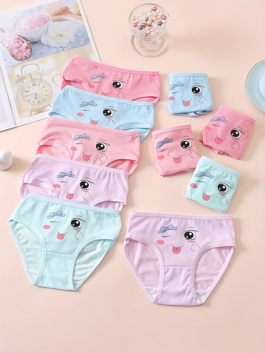 10 pieces of girls' soft and comfortable cotton briefs with cute patterns and breathable fabric.