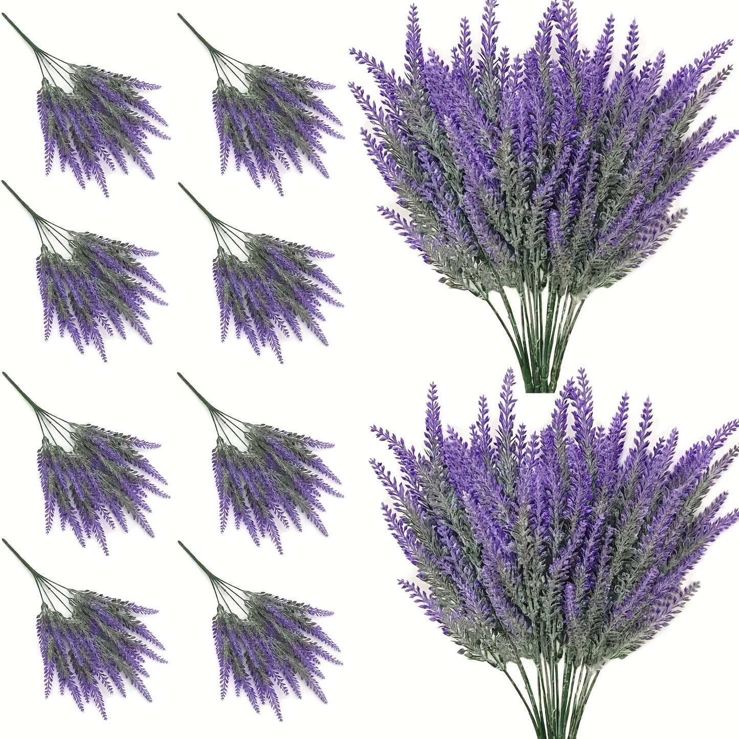 4 bundles of artificial lavender faux plastic purple flowers for indoor and outdoor home decor.