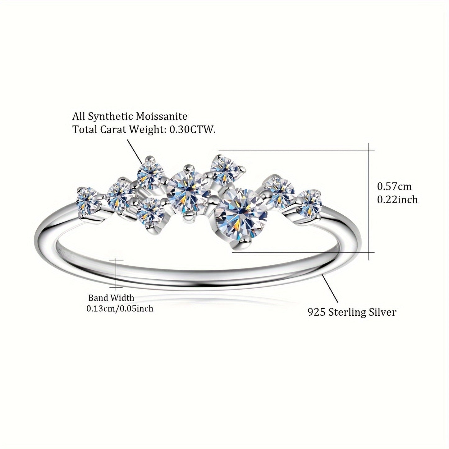 This delicate and stylish engagement ring for women is made of 925 silver and adorned with synthetic Moissanite stones. The ring features one 3mm stone, one 2.5mm stone, two 1.8mm stones, and five 1.6mm stones, totaling 0.3 carats. It is perfect for