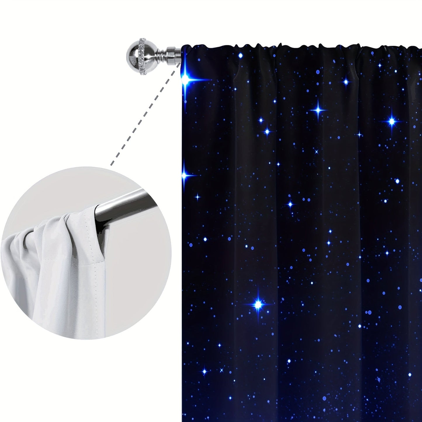 Two pieces of Galaxy-themed window curtains with a starry sky design. These rod pocket drapes are suitable for use in any room, including the kitchen, study, bedroom, living room, and playroom. They are made of soft and stylish fabric for a beautiful