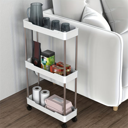 1 slim rolling utility cart with multiple layers, wheels, and bathroom accessories storage.