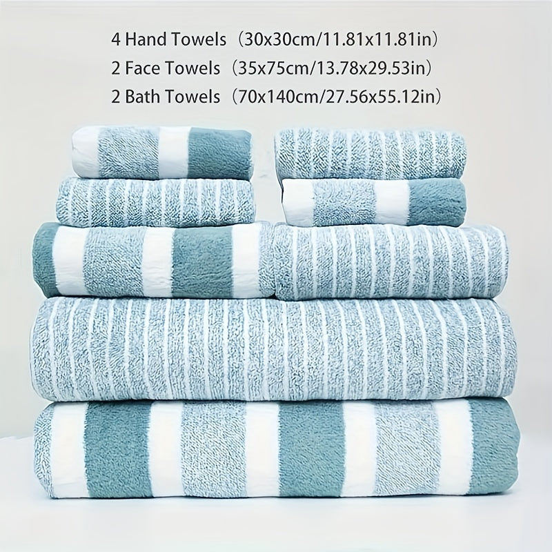 8-piece combination square towel bath set includes 4 square towels (30x30cm), 2 towels (35x75cm), and 2 large bath towels (70x140cm) in various colors and striped design. Highly absorbent, quick drying, and soft towels suitable for bathrooms, showers