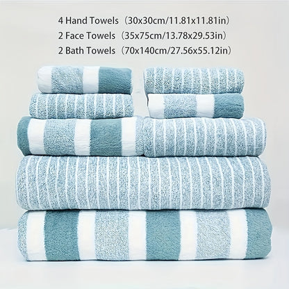 8-piece combination square towel bath set includes 4 square towels (30x30cm), 2 towels (35x75cm), and 2 large bath towels (70x140cm) in various colors and striped design. Highly absorbent, quick drying, and soft towels suitable for bathrooms, showers