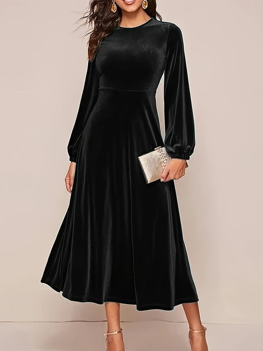 Black velvet A-line dress with flared sleeves, crew neck, and long sleeve made of polyester knit for all-season wear. Ideal for adult women's fashion as elegant attire.