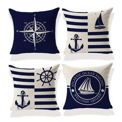 Set of 4 nautical polyester linen pillowcases in blue, featuring sailboats, compasses, and anchors. 18x18 inches, ideal for bedroom decor. Pillow core not included.