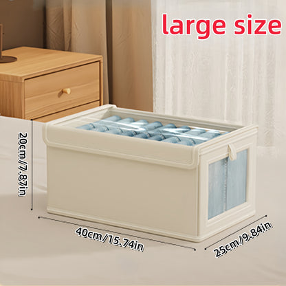 Rectangle fabric storage box with clear window, flip top closure and foldable lid for home organization.