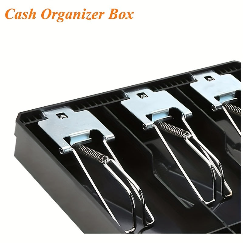 Upgraded metal cash register drawer insert tray with 5 bills/4 coins slots, black.