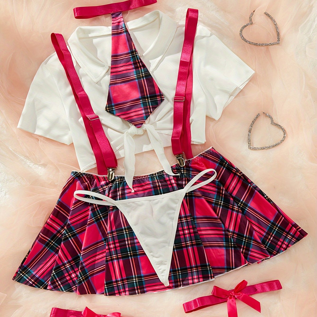 Women's sexy college role-playing costume set includes short skirt, thong, top, bow tie, and leg ring