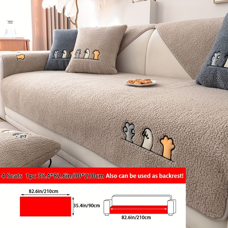 Plush Shearling Sofa Cover with Animal Embroidery - Pet-Friendly, Non-Slip Protector for All Sofa Sizes - Soft Decor for Living Room, Bedroom, Office.