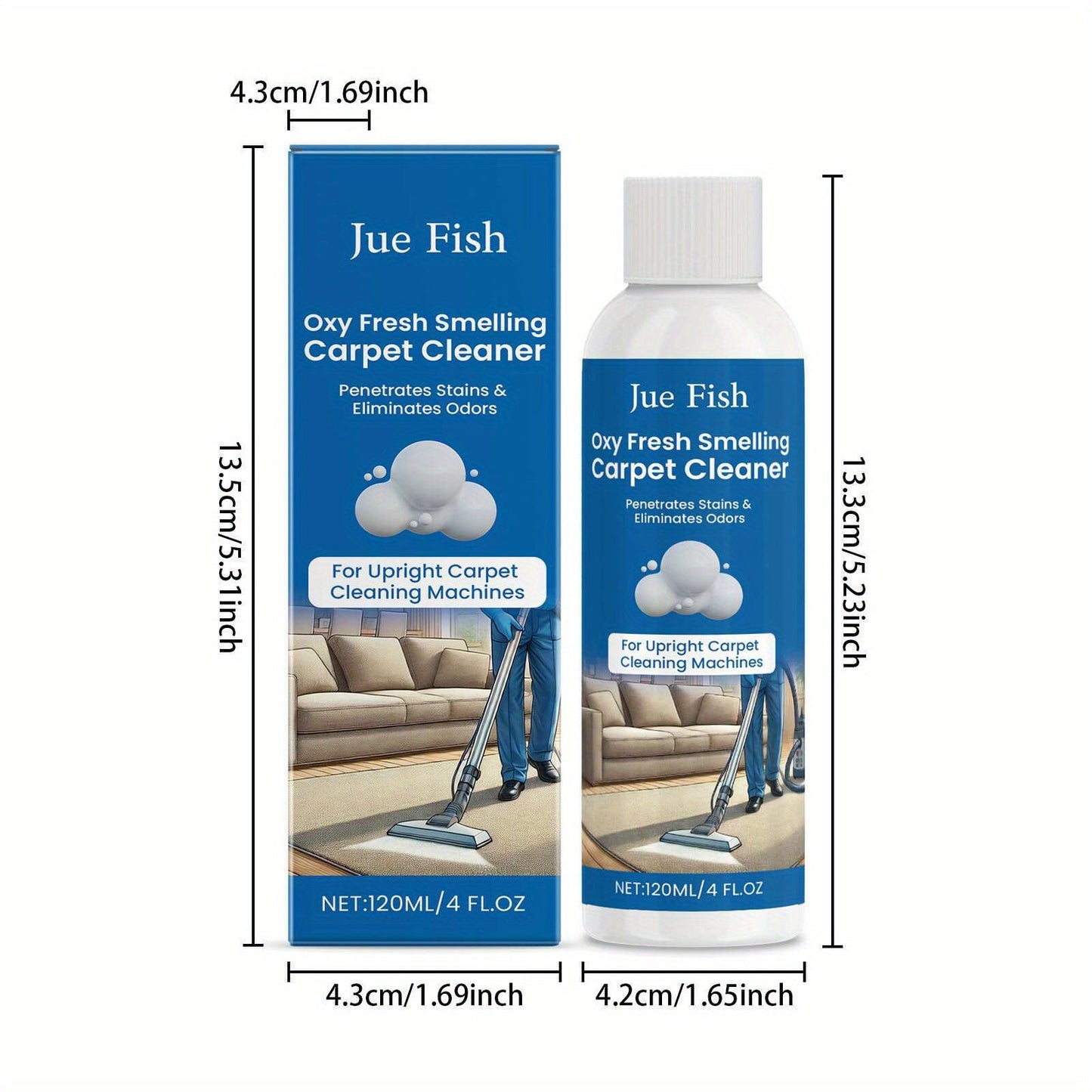 Revitalize your carpets with Jue Fish 120ml Oxy Fresh Carpet Cleaner. This powerful stain and odor eliminator uses a fume-free fabric cleaning solution with sodium bicarbonate. Perfect for use with upright machines, this cleaner is ideal for indoor use