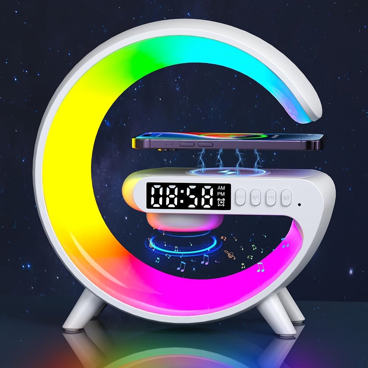 Get the ultimate multifunctional alarm clock with smart features for a perfect wake-up experience. This clock features a sunrise wake-up light with wireless charging capabilities, smart connectivity, timer functionality, music speaker, adjustable colors