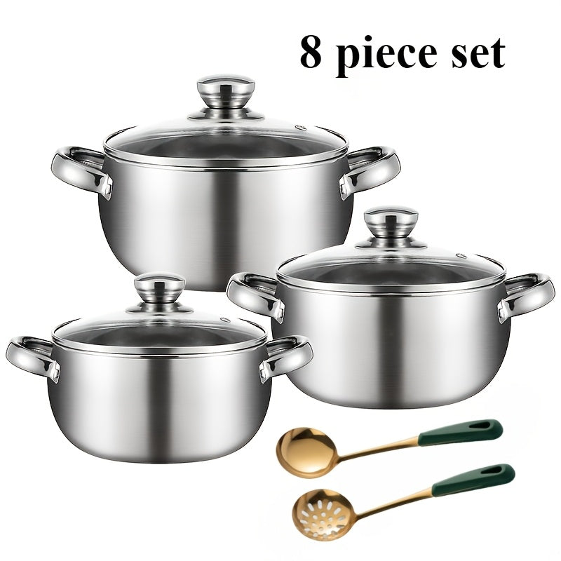 This set includes 6 pieces of stainless steel pots in total, featuring a silvery finish. It includes 3 pots and 3 lids, all equipped with stainless steel double handles and deep design, ideal for cooking soup, hot pot, noodles, pasta, and seafood soup.