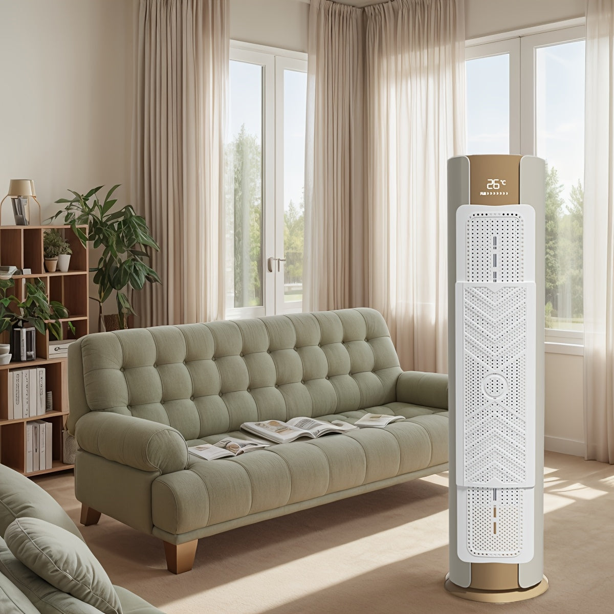 Enhanced Modern Portable Air Conditioner| Sleek White & Golden Expandable Vertical Windshield - Retractable & Thickened Design with Direct Blow Protection, No Power Needed, Ideal for Stylish Living Rooms, Portable Air Conditioner