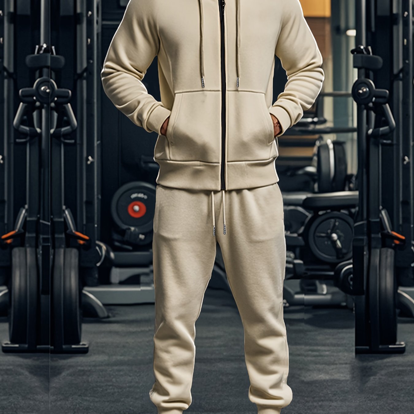 Men's solid color hoodie with matching pants, casual sports set.