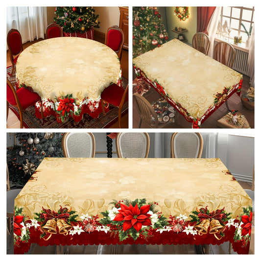 Round polyester tablecloth set with vintage floral and bell patterns, embossed edges, stain & water resistant, wrinkle-free. Suitable for home, kitchen, restaurant, indoor & outdoor use. Perfect for Christmas holiday gifting.