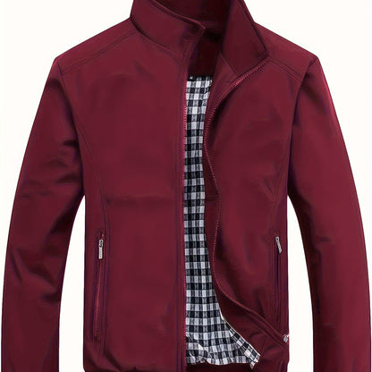 Men's zip-up stand collar coat with zipper pockets, ideal for Spring and Autumn.