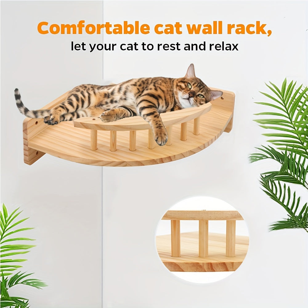 Cat perch made of premium solid wood, wall-mounted for cozy climbing and lounging.