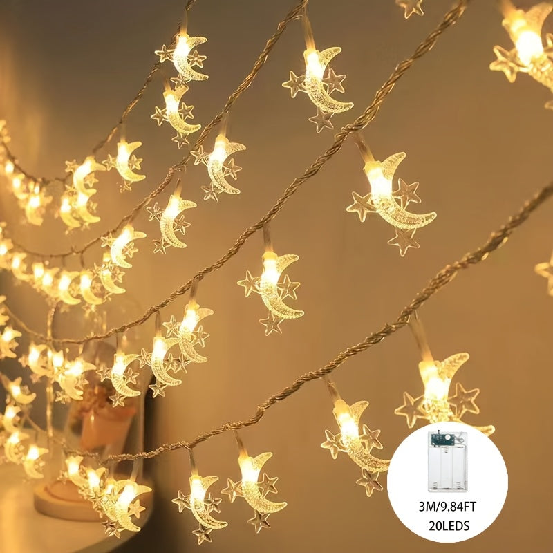 LED Moon and Star String Lights with switch control, battery-powered for wedding and home decor creating a festive atmosphere.