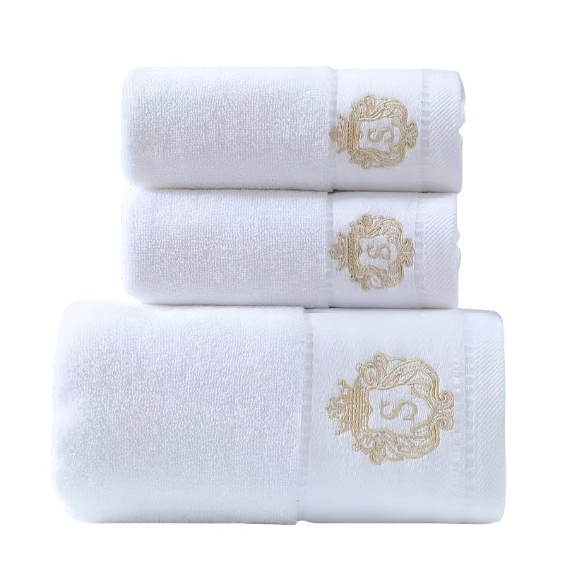 3-piece ultra soft absorbent bath towel set for home and hotel use, consisting of 1 bath towel and 2 hand towels. Made of cotton, the large white towels measure 71.12x139.7cm and serve as essential bathroom accessories for travel.