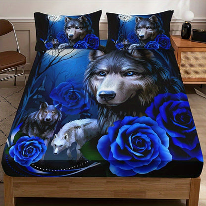 Set of 3 Mystical Wolf & Blue Rose Bedding - Includes Soft, Breathable Polyester Fitted Sheet and Pillowcases, High-Definition Digital Print, All-Season Comfort for Bedroom or Guest Room