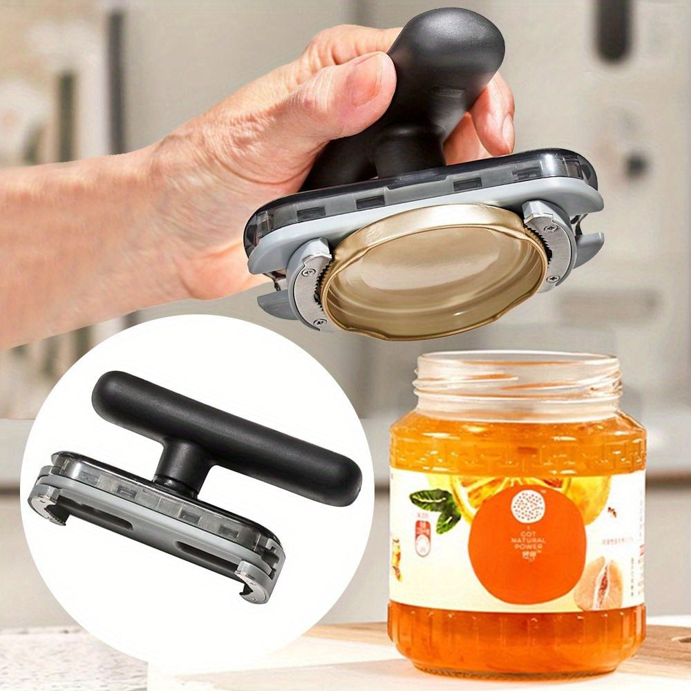 Adjustable manual jar opener for easy lid removal, suitable for various lid sizes. Effortless operation, no power needed. Perfect for home and parties.