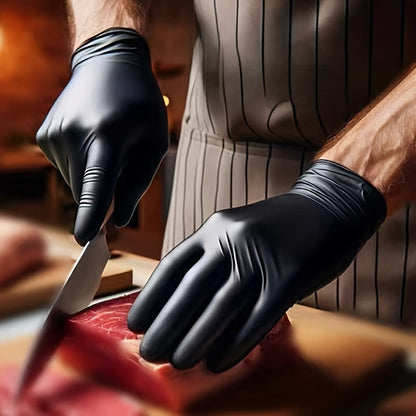 These black nitrile gloves are FDA compliant and safe for food handling. They are ambidextrous, waterproof, and free of powder and latex. These disposable gloves are thick and perfect for use in cooking, catering, baking, kitchen, and car maintenance.