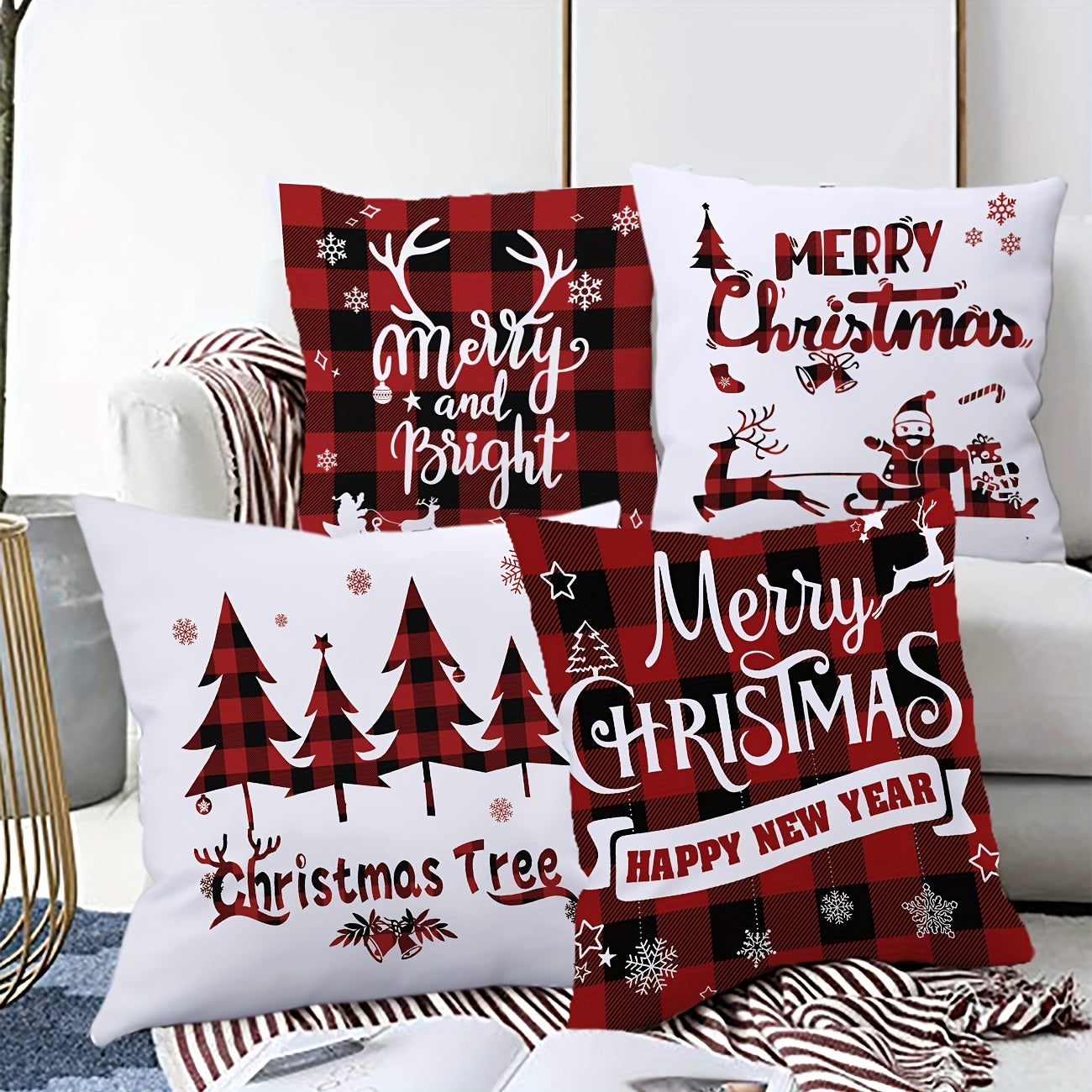 Set of 4 Christmas-themed pillowcases with various designs, 45.72cm X 45.72cm.