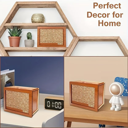 Wooden penny bank with wipeable counter adds charm to home decor and serves as a savings box for youngsters.