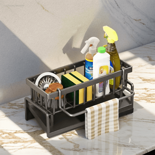 Get organized with our 1pc Multifunctional Plastic Sink Organizer! This handy tool comes with a towel bar and can be used as a kitchen sponge holder, soap dish, rag drainer, and brush storage basket. Made from non-food contact materials, it is ideal for