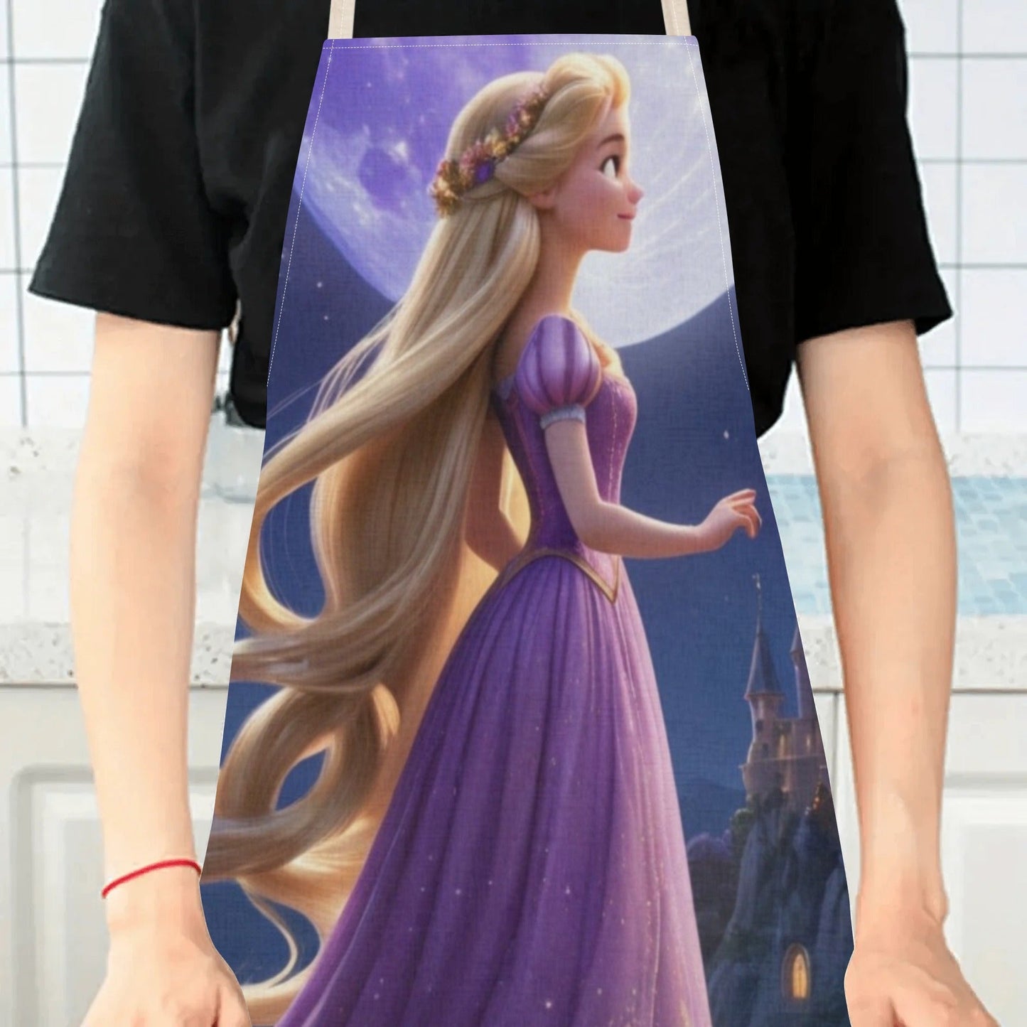 Disney Cinderella-Themed Waterproof Apron | Elegant Purple Design with Castle & Moon Illustration | Durable Polyester, One Size Fits All | Perfect for Hotels, Restaurants, Supermarkets, Fruit Shops, Milk Tea Stands, and Home Use | Storybook Style